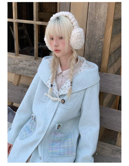 RF - Light Blue Plaid Mid-Length Wool-Blend Coat with Toggle Closures