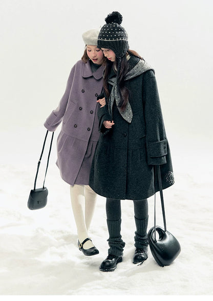 "Winter Chime" Double-Breasted Quilted Wool-Blend Coat (Smoky Purple/ Ash Gray)