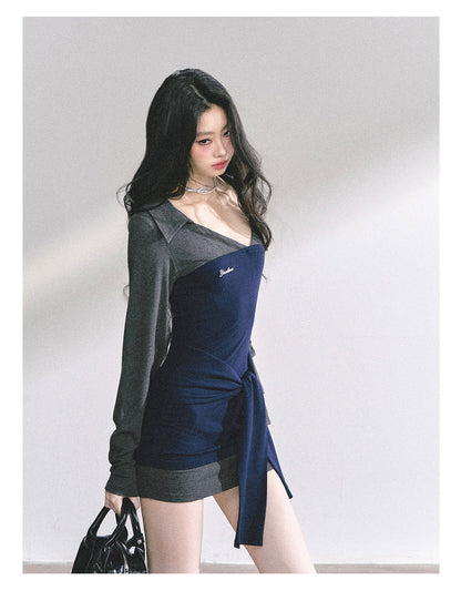 少也眼 “Campus Rebel" Checkered Bodycon Mini Dress - Navy Blue 514354