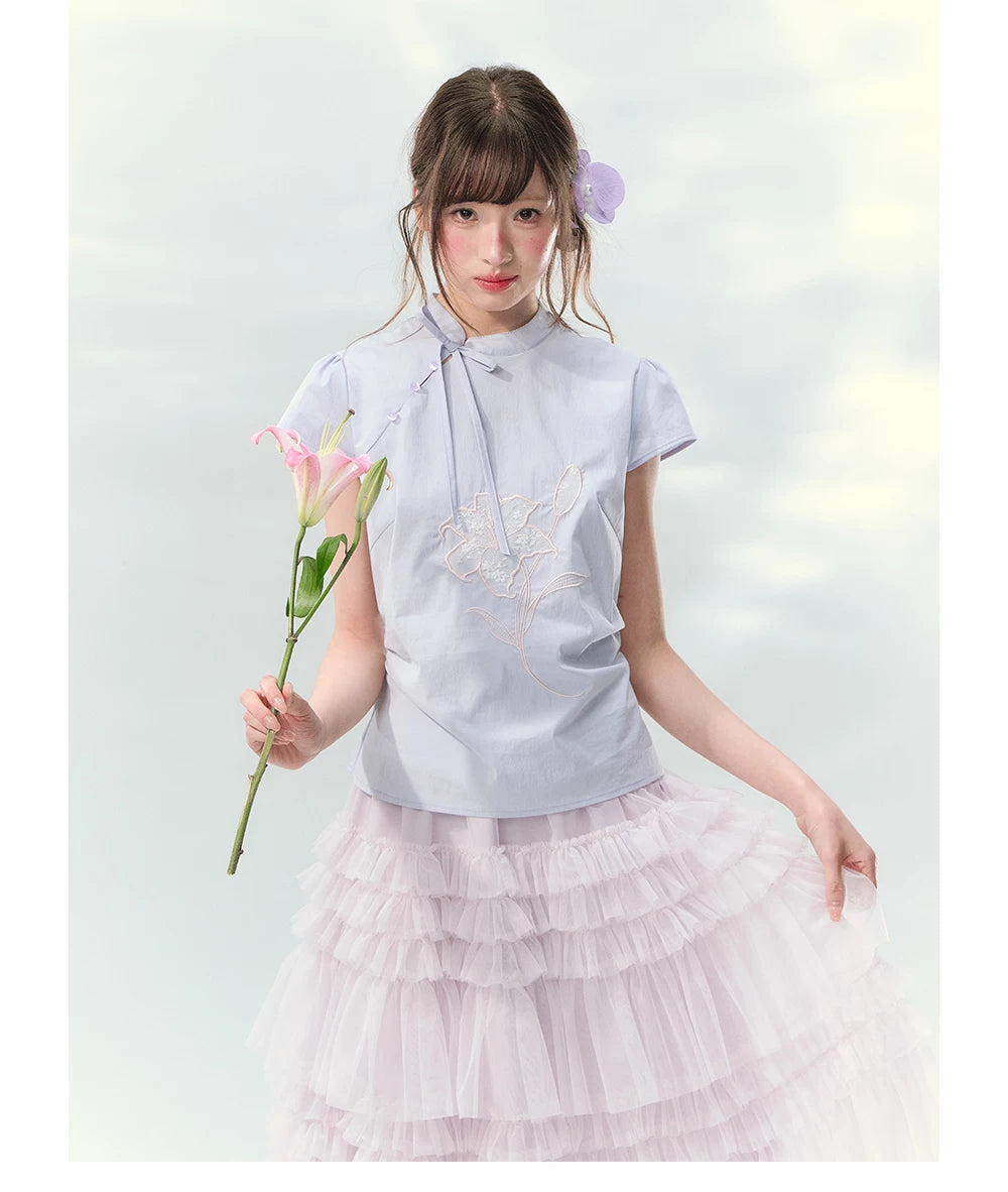 “Lilac Embroidered Whisper” Orchid Purple Mandarin Collar Blouse