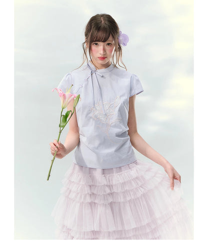 “Lilac Embroidered Whisper” Orchid Purple Mandarin Collar Blouse