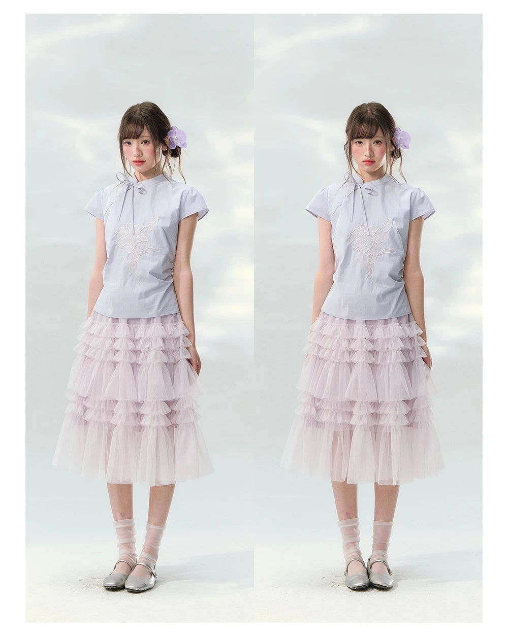 “Lilac Embroidered Whisper” Orchid Purple Mandarin Collar Blouse