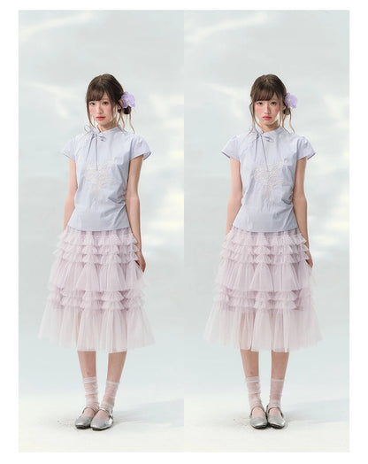 “Lilac Embroidered Whisper” Orchid Purple Mandarin Collar Blouse