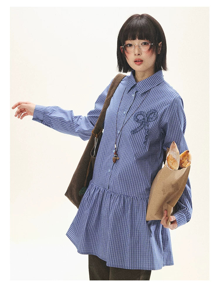 "Holiday Blues" Blue Plaid Bow Shirt Mini Dress