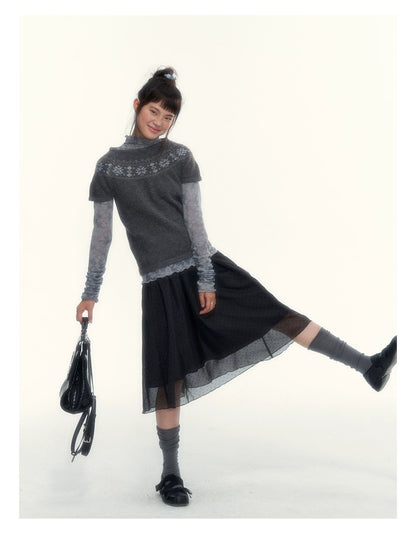 Deep Gray Fair Isle Short-Sleeve Knit Sweater