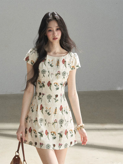 "Wildflower Daydream" Dutch Cream Embroidered Mini Dress - Short Sleeve 45684