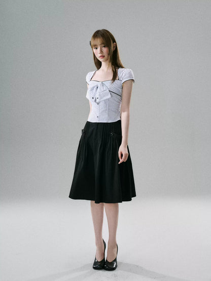 LOST FOREST - Black And White Striped Bow Crop Top