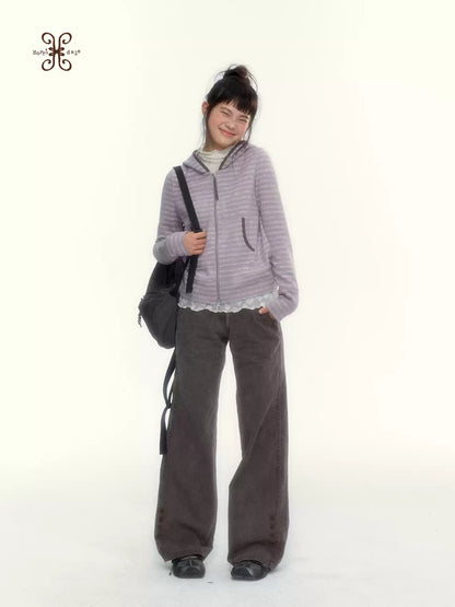 Dusty Purple Stripe Hooded Knit Cardigan