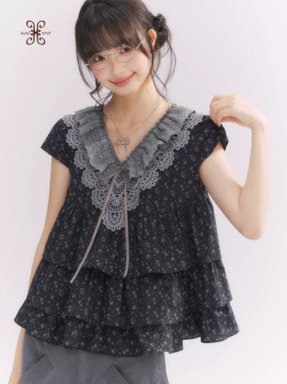 “Midnight Petal” Gray-Black Floral Top & Tiered Dress