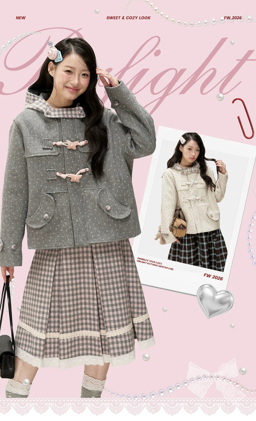 [RF] Floral Heather Gray Pink Plaid-Trim Hooded Duffle Coat