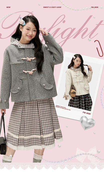 [RF] Floral Heather Gray Pink Plaid-Trim Hooded Duffle Coat