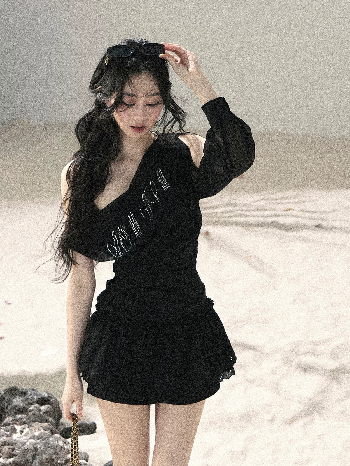 "Scattered Starlight" Midnight Black Off-Shoulder Mesh Waist-Cinched Top