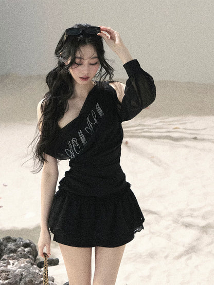 "Scattered Starlight" Midnight Black Off-Shoulder Mesh Waist-Cinched Top