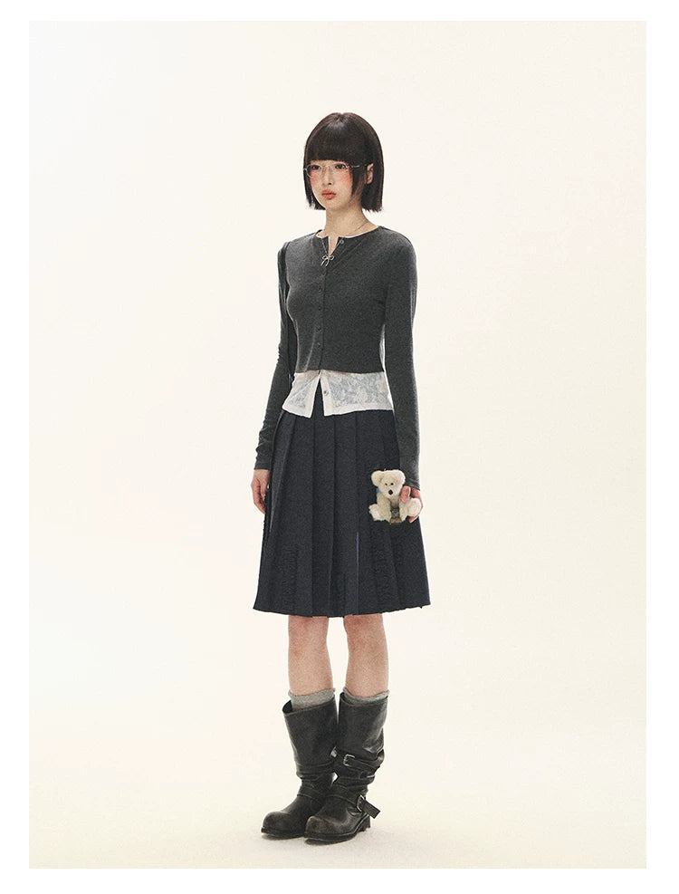 "Layered Blossom" Faux-Layer Knit Cardigan (Sakura Pink/ Heather Gray)