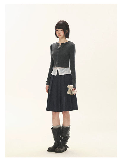 "Layered Blossom" Faux-Layer Knit Cardigan (Sakura Pink/ Heather Gray)