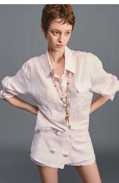 "Blush Breeze" Pink Linen Shirt & Layered A-Line Skort Set