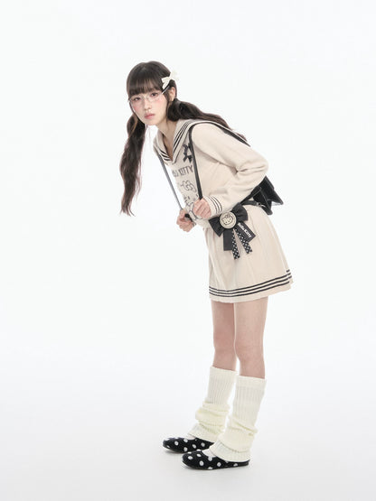 170726K "Kitty Harbor" Oat Beige Sailor Knit Set (Sailor Collar Knit Sweater + Pleated Knit Skirt)