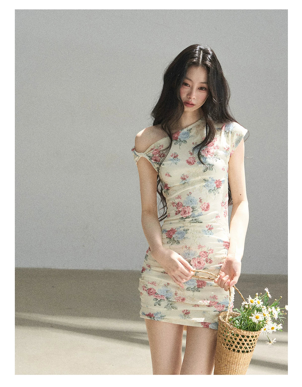 "Flowers & Sunlight" Dutch Cream Off-Shoulder Mesh Bodycon Mini Dress