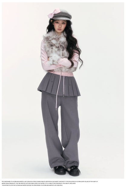 24olvides - Colorblock Faux Fur Jacket with Knit Sleeves