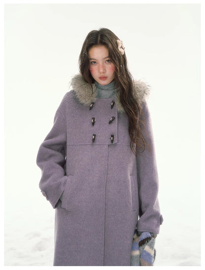 CANSTORE - "Wisteria Isle Lavender" Wool-Blend Hooded Coat with Detachable Faux Fur Collar