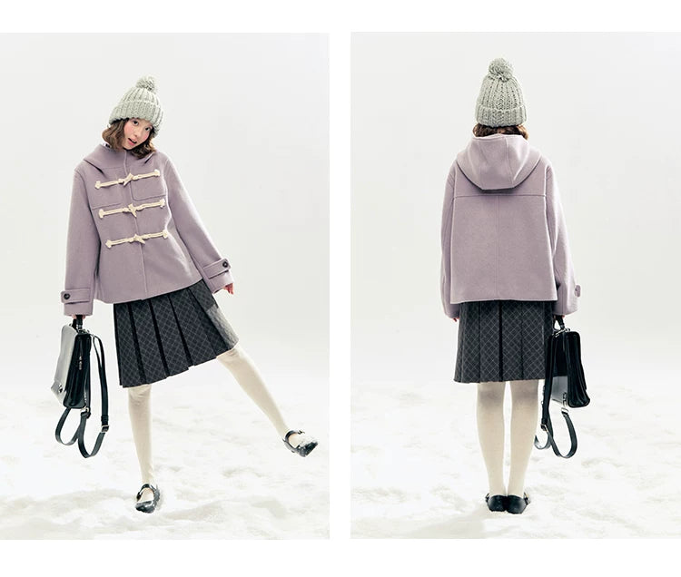 "Velvet Snowfall" Purple Mist Hooded Quilted Wool-Touch Duffle Coat
