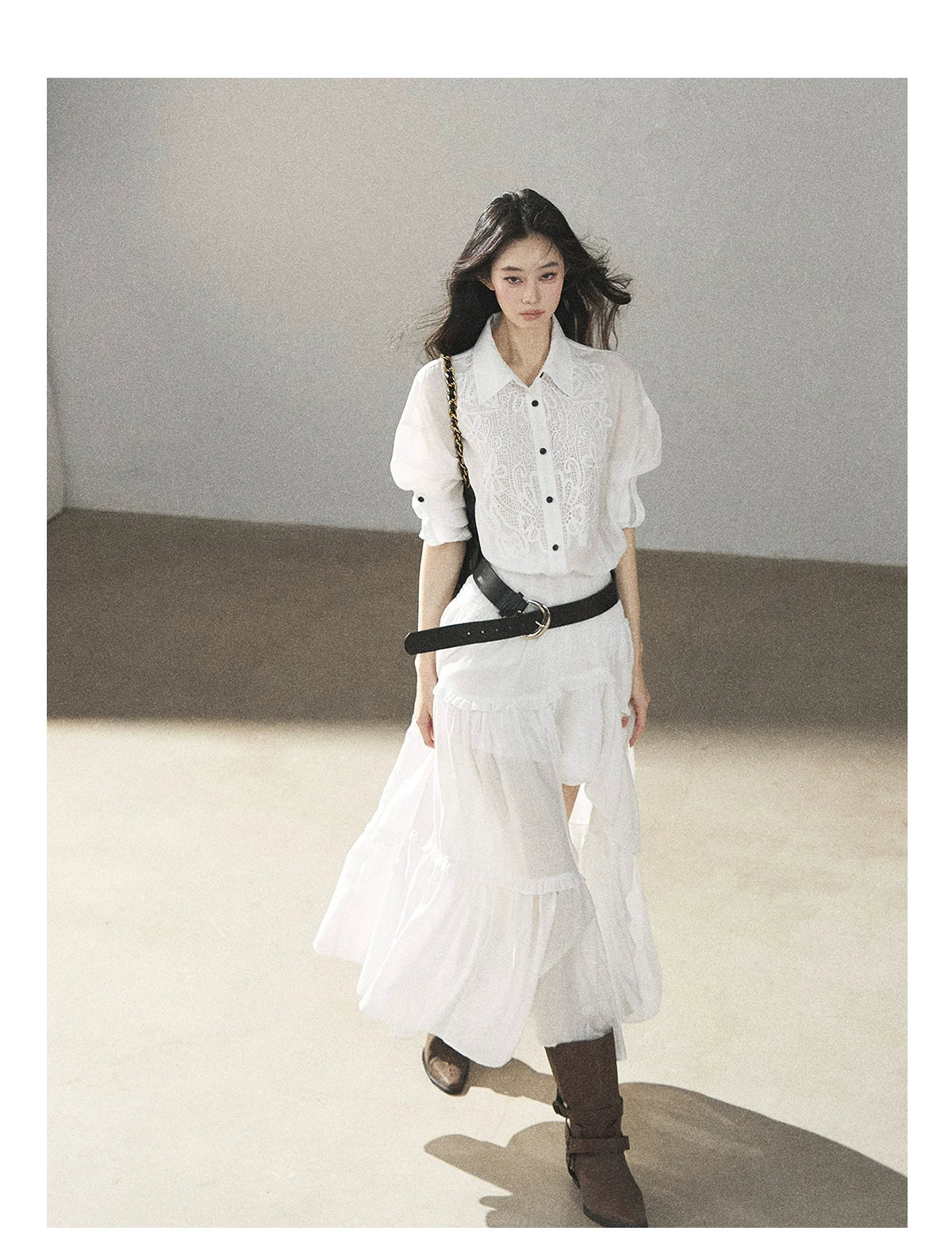 AOMALM - “Her Hemline” White Lace Shirt Dress with Belt
