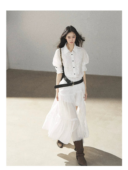 AOMALM - “Her Hemline” White Lace Shirt Dress with Belt