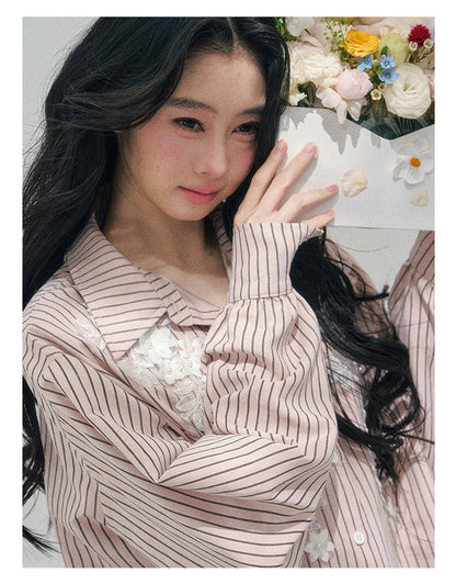 少也眼 "Pink Cloud Reverie" Cinnamon Pink Lace Sweet Two-Piece Skirt Set 563856385