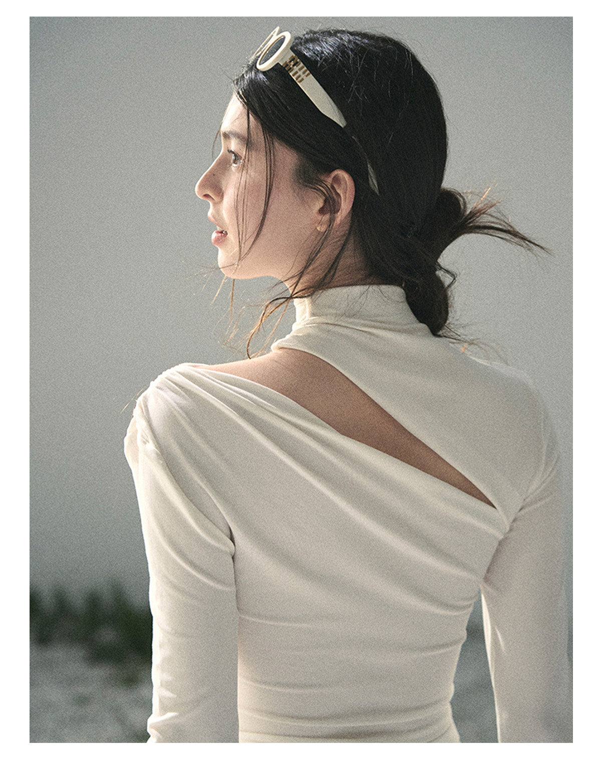 “Tidal Breath” Pearl White Draped Cutout Top