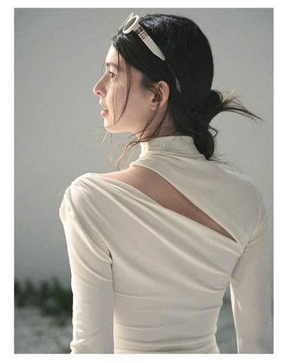 “Tidal Breath” Pearl White Draped Cutout Top
