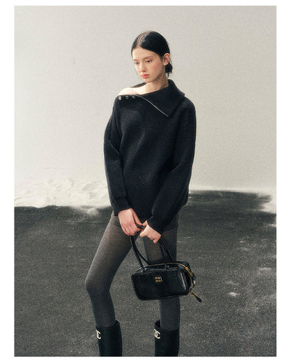 少也眼 "Dark Undertow in Zero Gravity" High-Neck Structured Knit Top