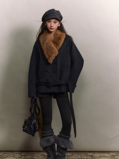 Soote Season - “Retro Twill Grace” Asymmetrical Faux Fur Collar Double-Breasted Wool Coat