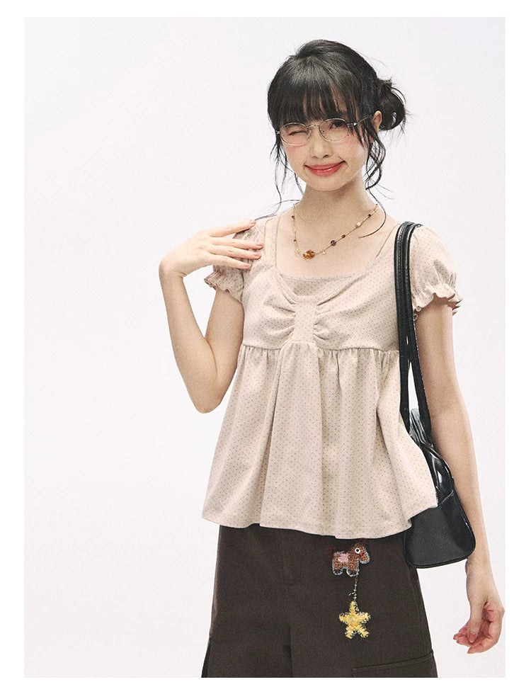 "Sweetheart Crew" Polka Dot Faux Two-Piece Bow Knit Short Sleeve Top