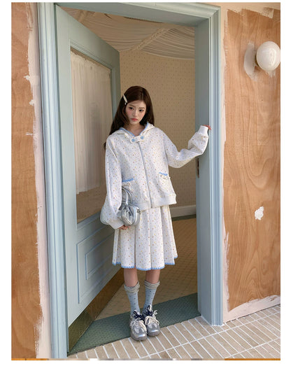 “Snow Bunny Reverie” Ivory Rabbit Ear Hoodie & Floral Pleated Mini Skirt