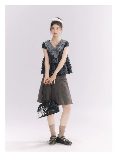 “Misty Texture” Gray Plaid Trim Embroidered A-Line Skirt