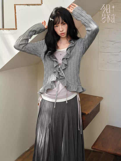 DAILY ARTIST - Dark Gray Textured Pleated A-Line Maxi Skirt