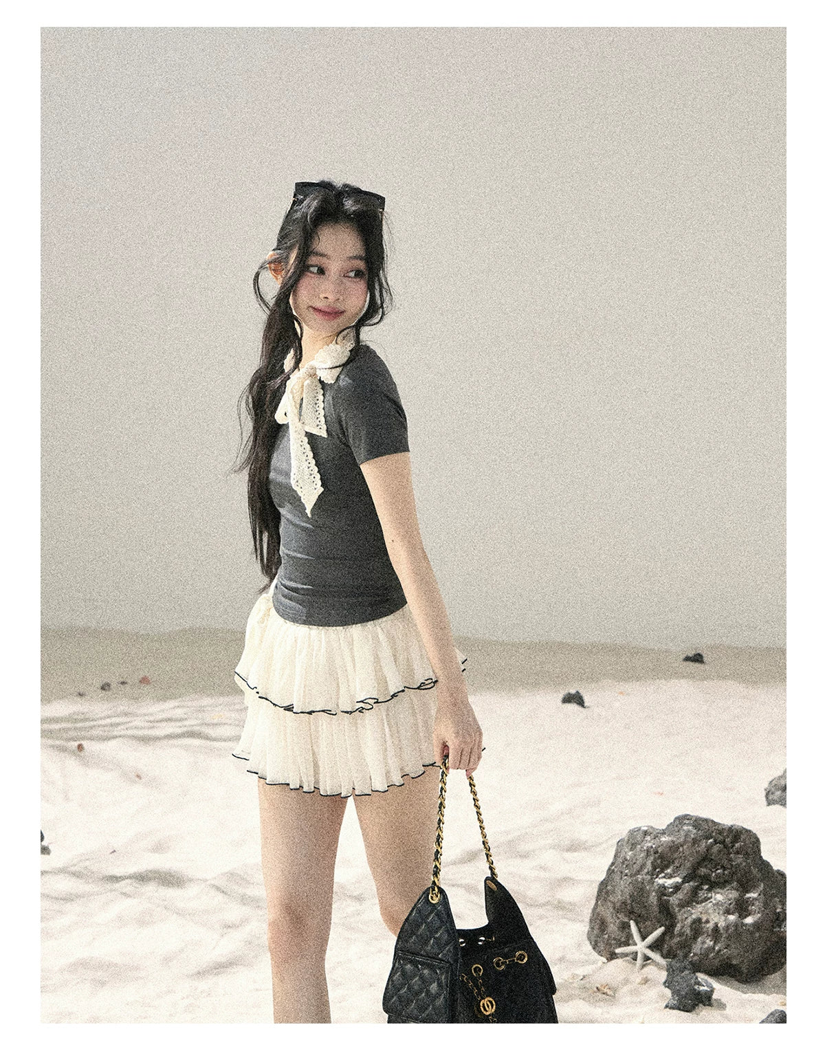 "Shadows & Soft Clouds" Slate Gray Bow Accent Crop Top