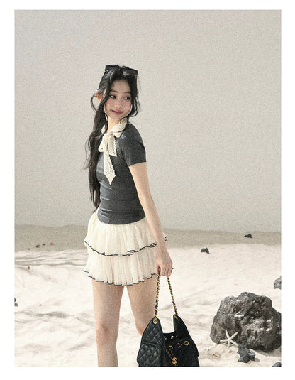 "Shadows & Soft Clouds" Slate Gray Bow Accent Crop Top