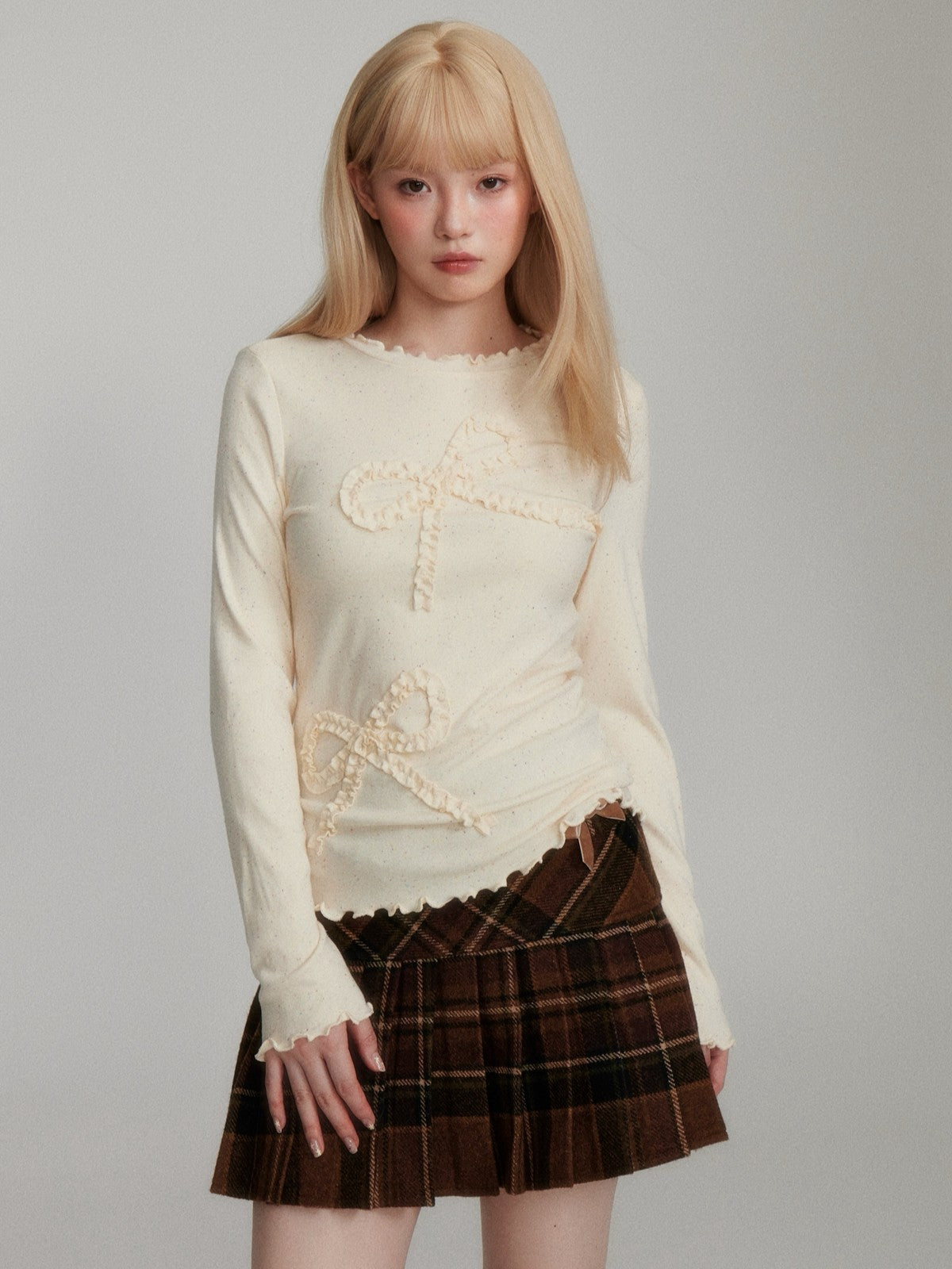 “Cozy Winter Speckled Bow” Lenzing Lyocell Long-Sleeve Base Top - Apricot Yellow M6669