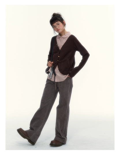 “Chestnut Book Knit” Red Brown Faux-Layered Colorful Button Cardigan