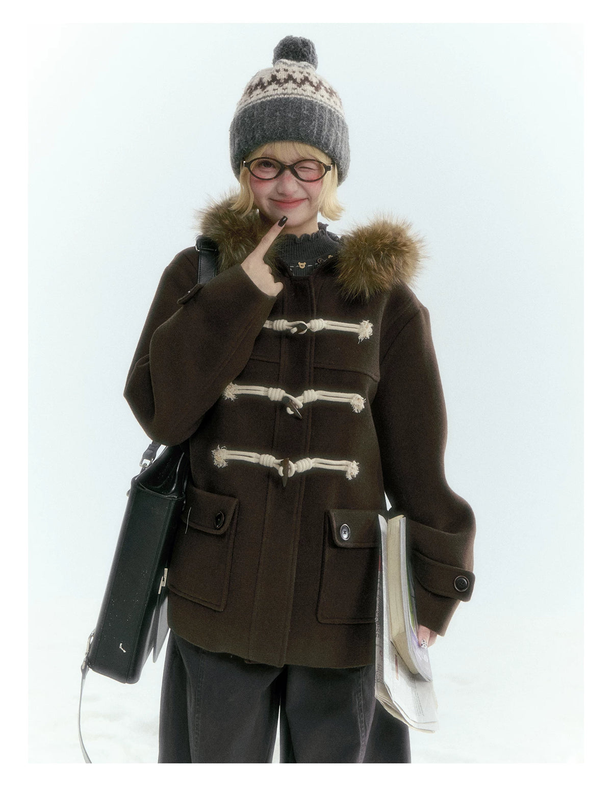 Horridale - Dark Coffee Brown Cropped Hooded Toggle Coat with Detachable Faux Fur Collar