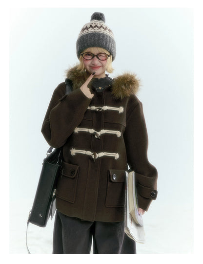 Horridale - Dark Coffee Brown Cropped Hooded Toggle Coat with Detachable Faux Fur Collar