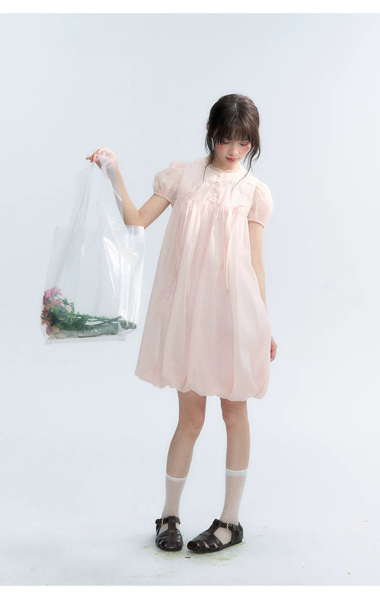 "Little Princess" Strawberry Pink Lace Bow Bubble Hem Midi Dress