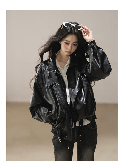 AOMALM - "Solo Journey" Quiet Black Oversized PU Moto Jacket