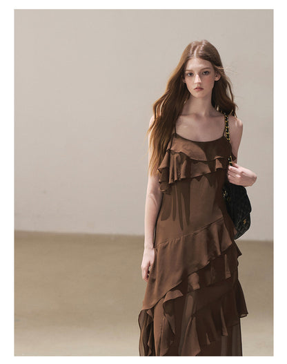 170726 "Whispers Beneath the Brown Skirt" Mocha Mousse Ruffle Cami Mini Dress + Gray Taupe Tailored Blazer