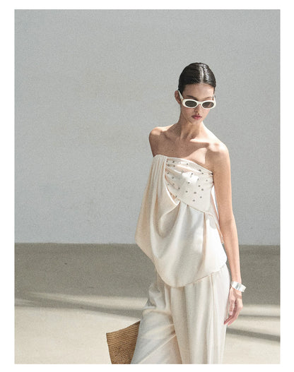 "Summer Rain at Dusk" Cream Beige Satin Two-Piece Set