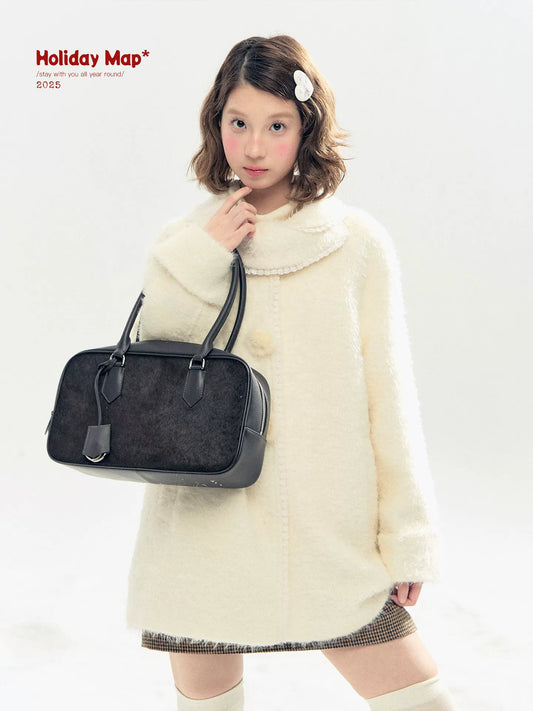 "Snow-Kissed Sakura" Ivory Wool-Blend Quilted Mid-Length Coat with Detachable Plush Flowers