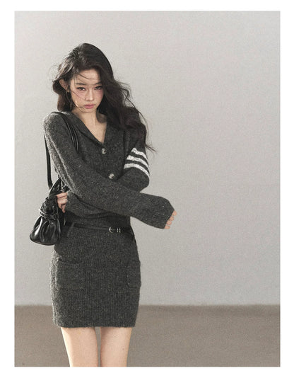 AOMALM - Whale Gray Hooded Faux-Two-Piece Knit Dress with Belt