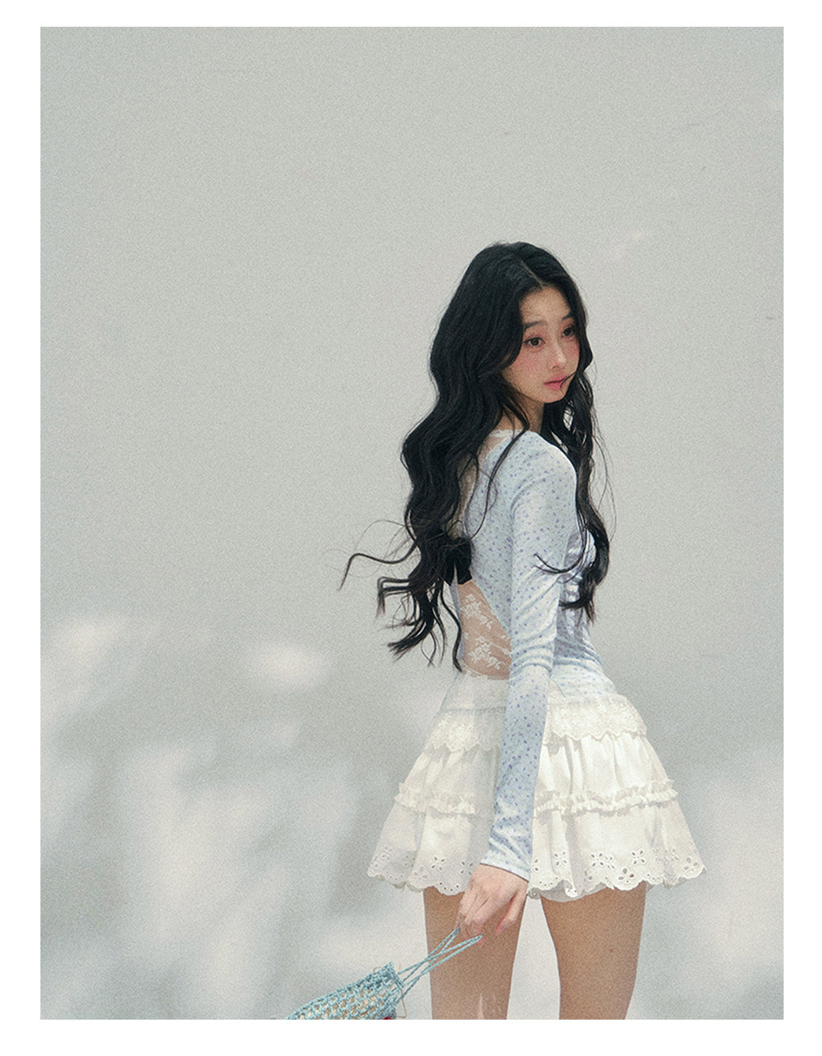 少也眼 "Heartbeat Pause" Baby Blue Back Lace Cut-Out Top 53685634