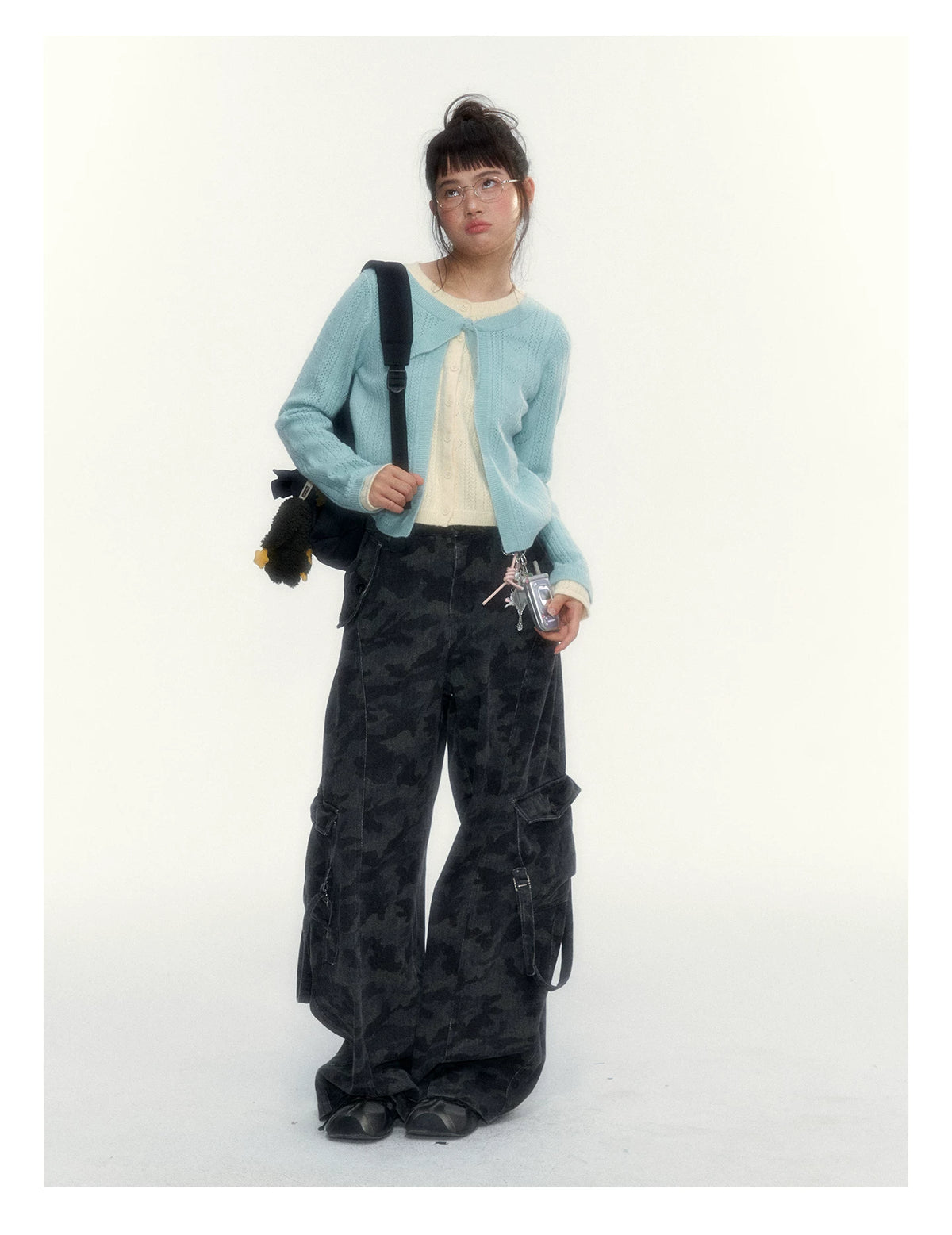 Korean Contrast Bow-Tie Layered Knit Cardigan (Blue / Purple)